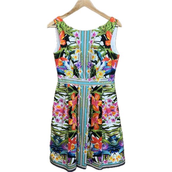 Maggy London Sleeveless Pleated A- Line Bright Floral Hawaiian Dress Women 8 - Picture 1 of 9